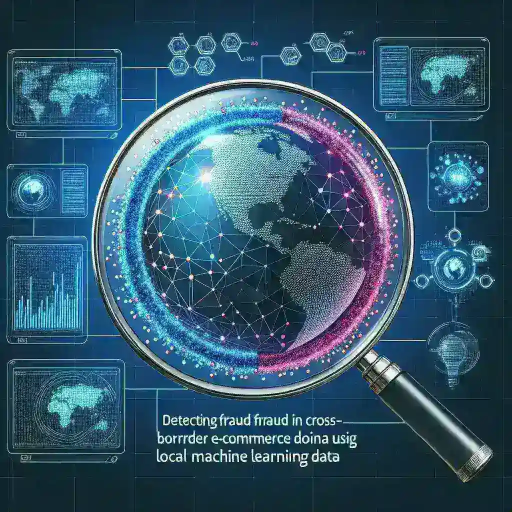 "Infografis tentang deteksi penipuan dalam e-commerce lintas batas menggunakan data Machine Learning lokal, menampilkan statistik dan metode yang efektif."