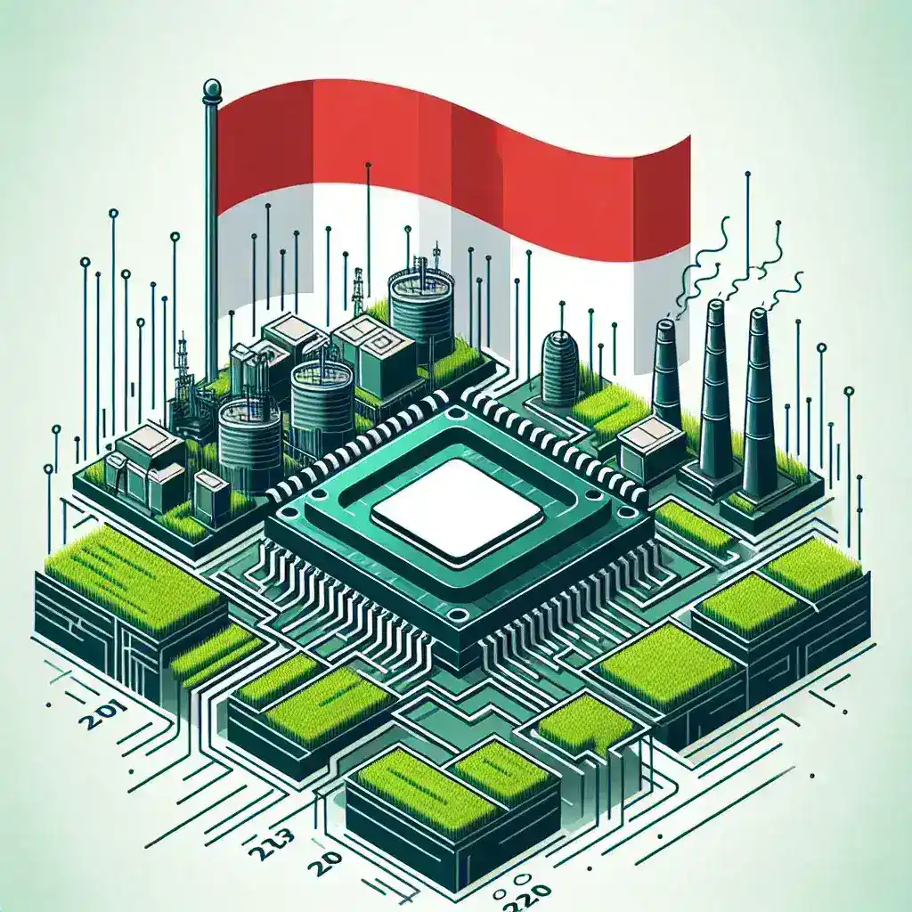 "Map of Indonesia highlighting chip manufacturing regions, showcasing the country's goal to achieve 25% of national chip production for export by 2030."